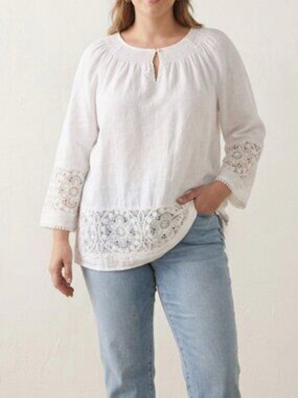 Charter Club 100% Linen White Peasant Top Smocked Neck Lace Trim 1X